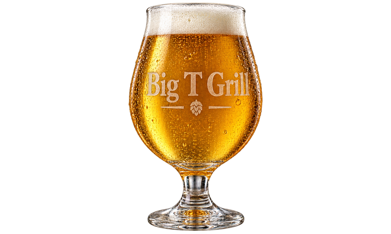 A tulip glass etched Big T Grill, filled with golden IPA and a one-finger head